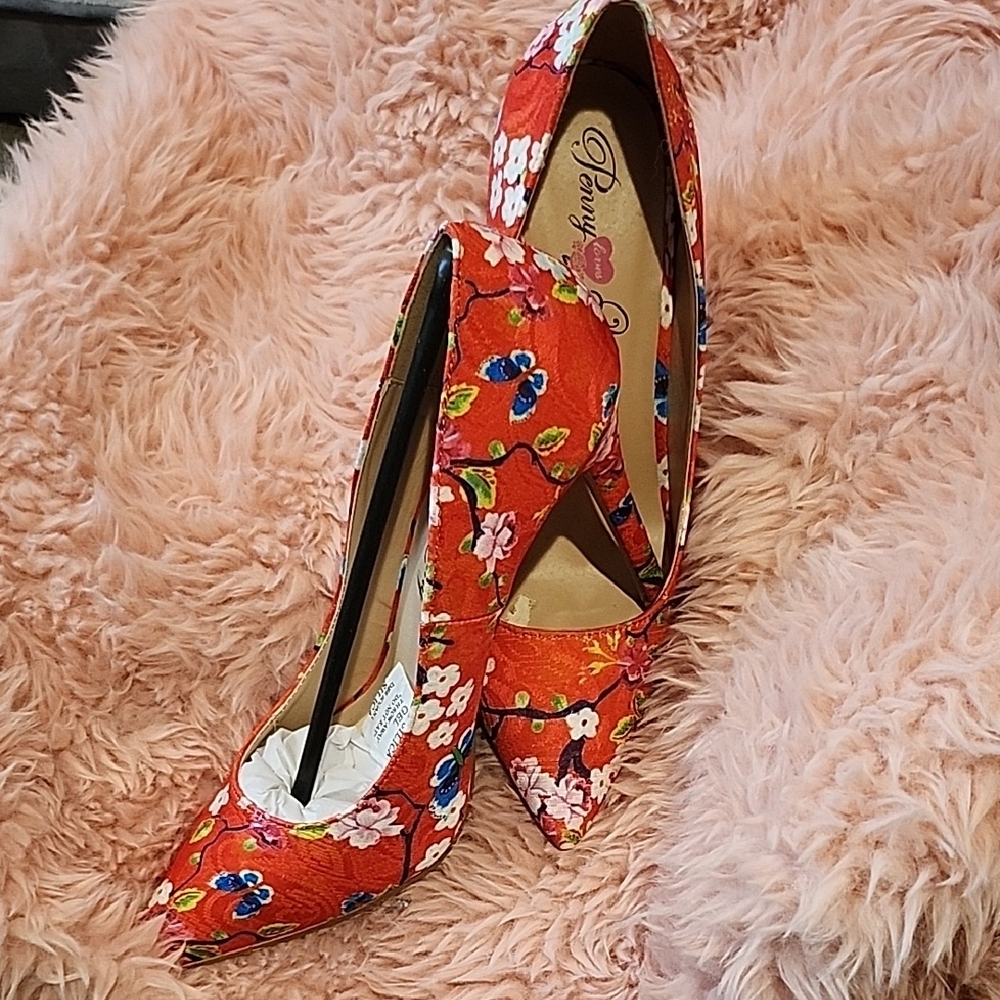 Qupid Red Floral High Heels